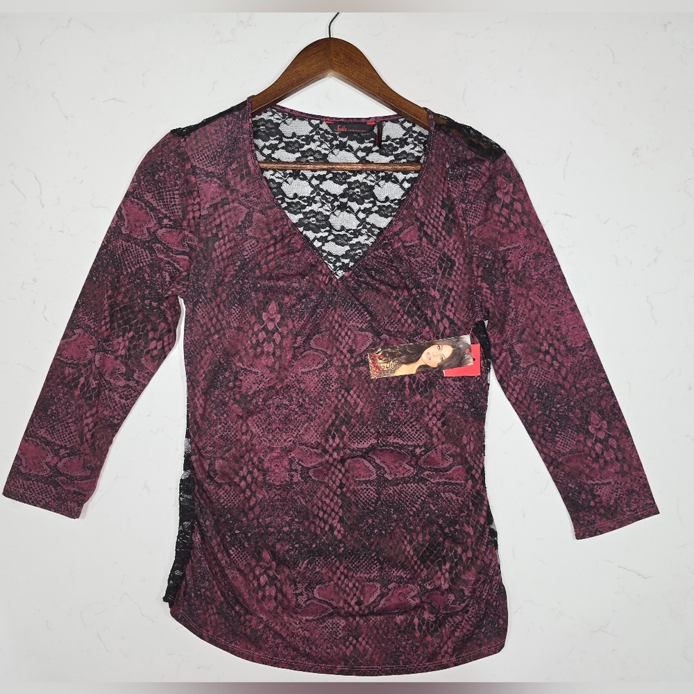 NWT BoHo Sofia Vergara  Snake Print‎ Black Lace Top Women's Size Large